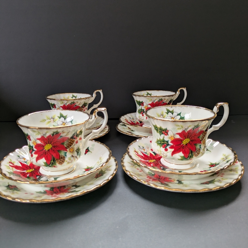 Royal Albert Yuletide Trio x4 Cup & Saucer Side Plate Vintage Christmas Teacups